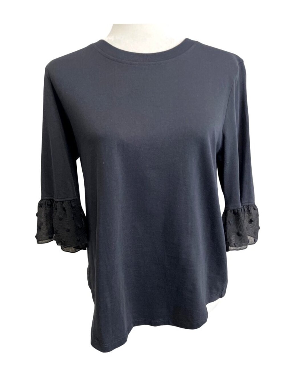 See By Chloe Womens XL Top With Lace Ruffle 3/4 Sleeves Black Soft Cotton
